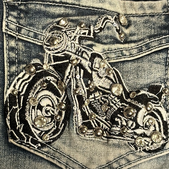 Stylish Biker Platinum Plush Flare Blue Jeans Embroidered & Dazzled Designs - Picture 4 of 7